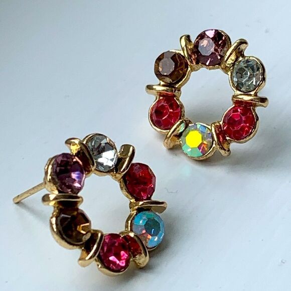 Round Aurora Borealis Faux Amethyst Topaz Crystal Stud Earrings Men’s  NEW - Picture 7 of 10